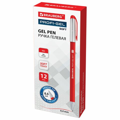 Ручка гелевая BRAUBERG Profi-Gel SOFT, КРАСНАЯ, линия письма 0.4 мм, стандартный наконечник 0.5 мм, прорезиненный корпус SOFT-TOUCH