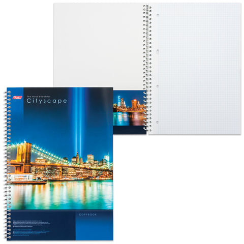 Тетрадь А4, 100 л., HATBER, спираль, клетка, глянцевый лак, карман, «CITYSCAPE» («Город»), 100Ткм4B1сп_12523