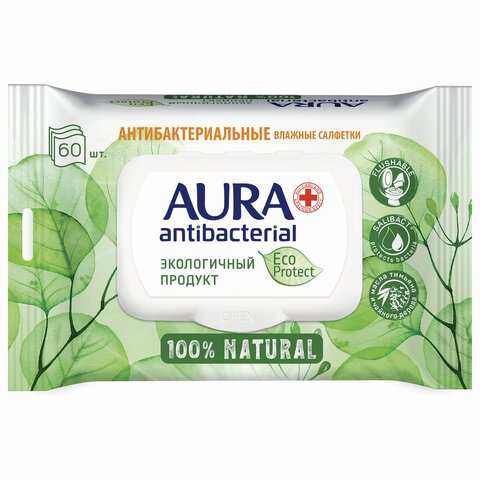 превью Салфетки влажные антибактериальные 60 шт., AURA Antibacterial «ECO Protect», клапан крышка