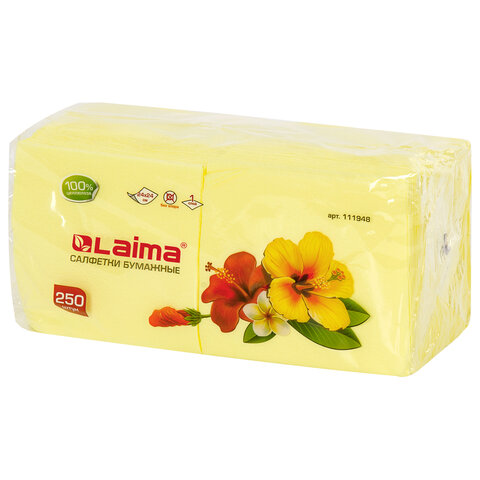 превью Салфетки бумажные, 250 шт., 24×24 см, ЛАЙМА, желтые (пастель), 100% целлюлоза, 111948