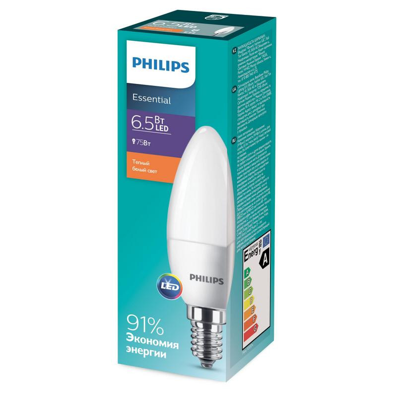 превью Лампа светодиодная Philips 6.5Вт E14 свеча 2700K теплый белый свет