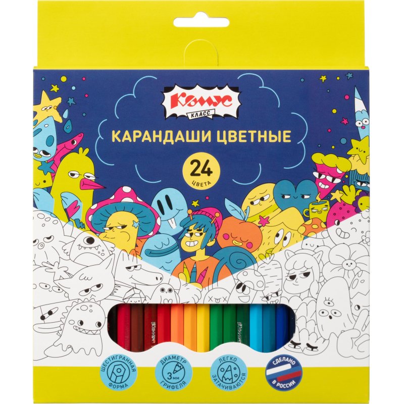 превью Карандаши цветные 24 цв/наб,6-гранные Комус Класс Максики классические