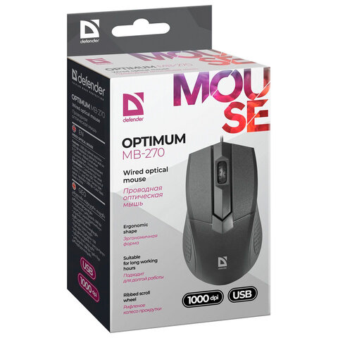 Мышь проводная DEFENDER Optimum MB-270, USB, 2 кнопки + 1 колесо-кнопка, оптическая, черная
