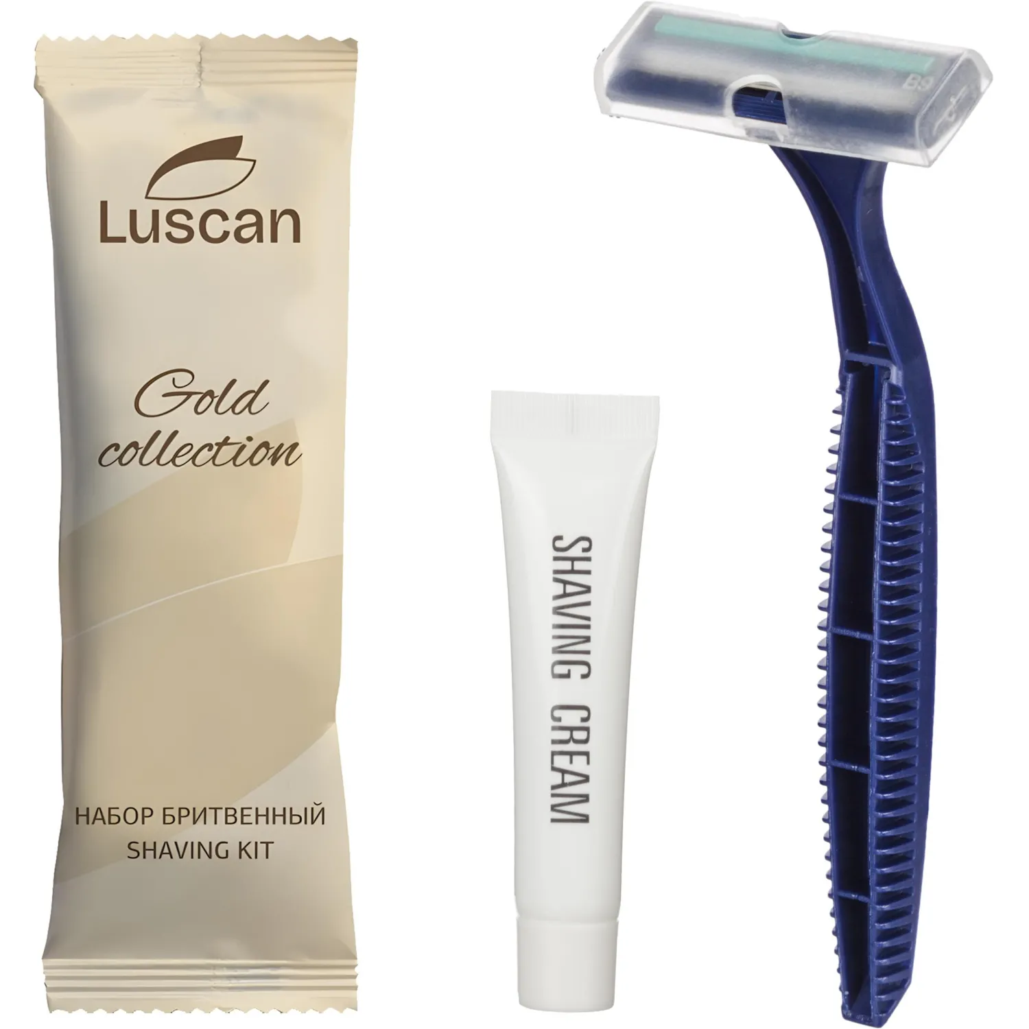 превью Набор бритвенный Luscan Gold Collection флоупак (бритва, крем для бритья, 200 штук в упаковке)