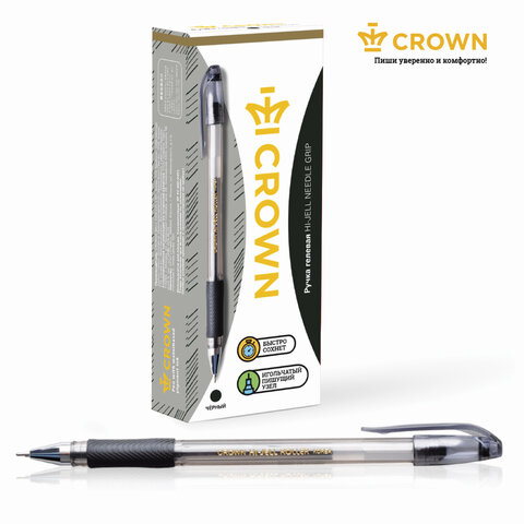 Ручка гелевая с грипом CROWN «Hi-Jell Needle Grip», ЧЕРНАЯ, узел 0.7 мм, линия письма 0.5 мм