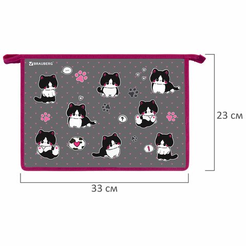 Папка для труда на молнии BRAUBERG А4, 2 отделения, органайзер, «Cat patches»