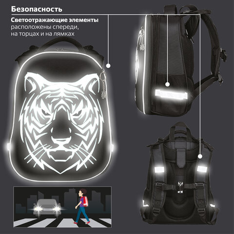 Ранец BRAUBERG SHINY, 2 отделения, «Tiger», СВЕТЯЩИЙСЯ РИСУНОК, 36×28х14 см