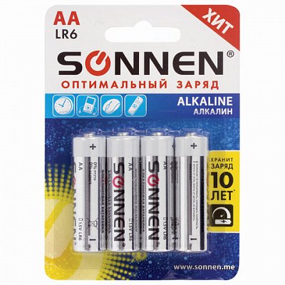 Батарейки SONNEN, AA (LR6), комплект 4 шт., АЛКАЛИНОВЫЕ, в блистере, 1.5 В