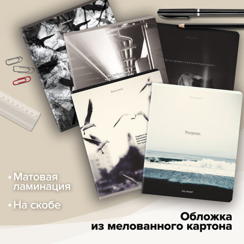 Тетради ДЭК А5 48 л. КОМПЛЕКТ 5 шт. BRAUBERG скоба, клетка, матовая ламинация, MOOD