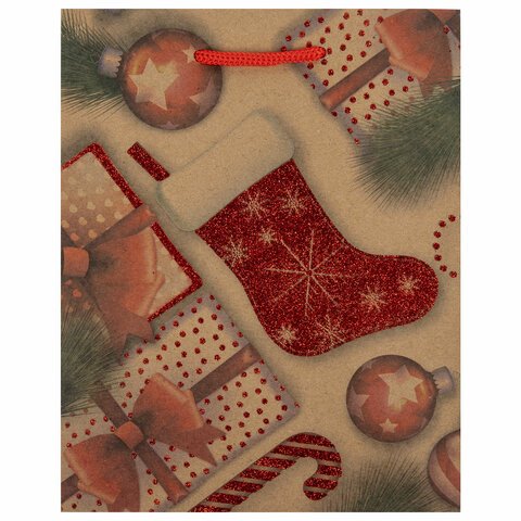 Пакет подарочный (1 штука) новогодний 18×10x23 см, ЗОЛОТАЯ СКАЗКА «Christmas Kraft», глиттер