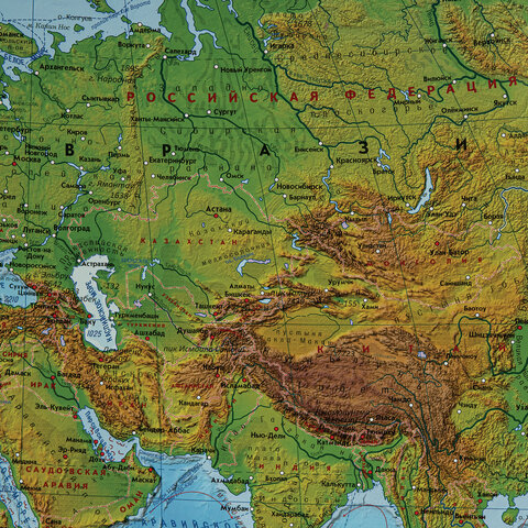 Карта мира физическая 199×134 см, 1:15.5М, с ламинацией, интерактивная, в тубусе, BRAUBERG
