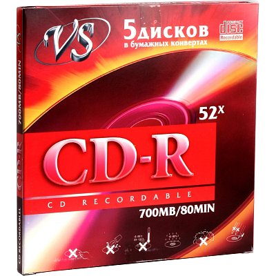 Носители информации CD-R 80 52x, VS, конверт/5шт/уп