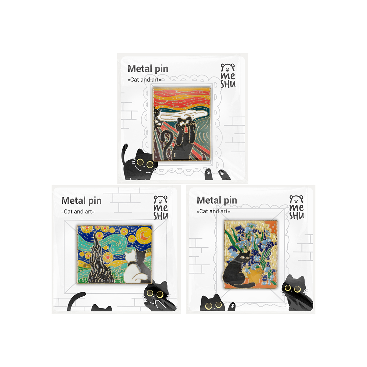 Набор металлических значков MESHU «Cats and art», эмаль, 3шт, картонная подложка, европодвес