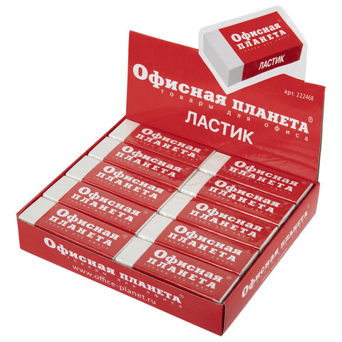 Ластик большой ОФИСНАЯ ПЛАНЕТА, 60×20х11 мм, белый, прямоугольный, картонный держатель