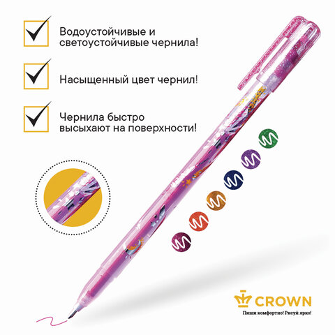 Ручки гелевые CROWN, НАБОР 6 шт., АССОРТИ, «Glitter Metal Jell», блестки, узел 1 мм, линия письма 0.8 мм