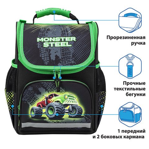 Ранец ПИФАГОР BASIC, с эргономичной спинкой, «Monster steel», 35×28х18 см