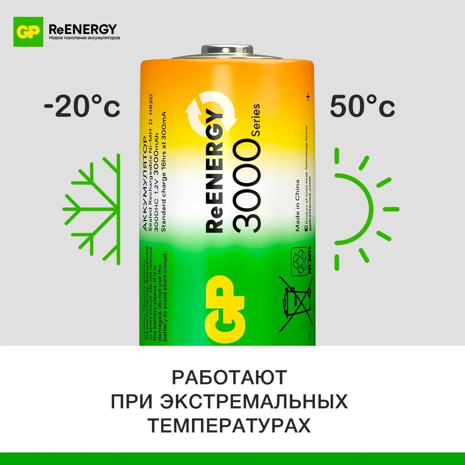 Аккумулятор GP 3000mAh D 300DHCRGY-2CRCB2 Ni-Mh 2шт/уп