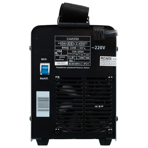 Сварочный аппарат инверторный, сварочный ток до 250 А, диаметр электрода до 6 мм, РЕСАНТА САИ 250