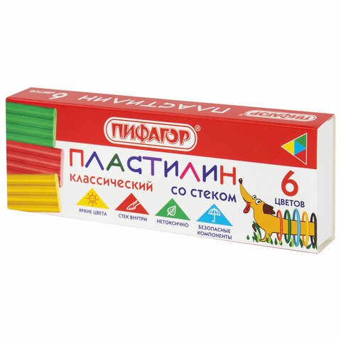 превью Пластилин классический ПИФАГОР «Веселая такса», 6 цветов, 90 г, СО СТЕКОМ