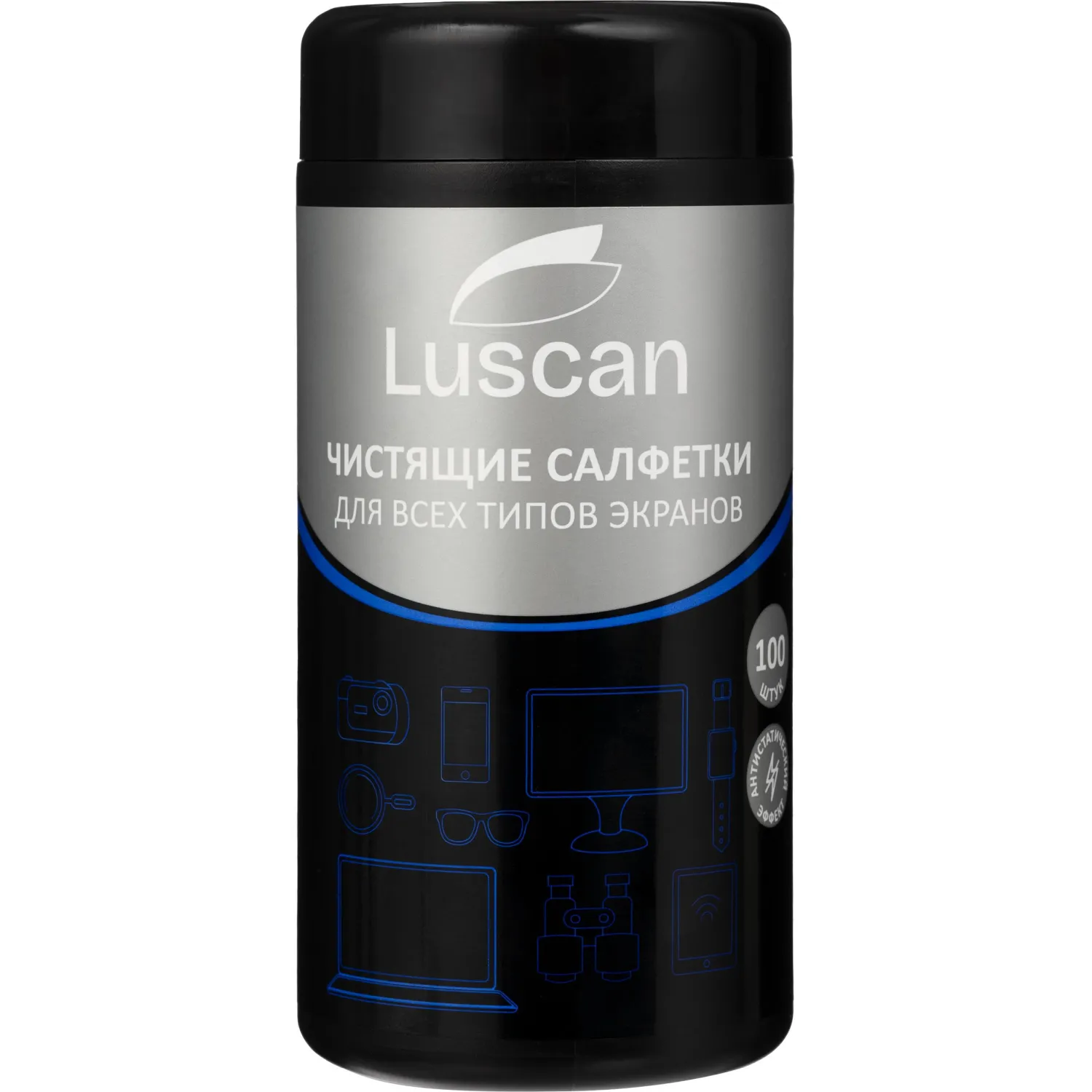 Салфетки влажные для экранов Luscan с антистатическим эффектом двойной плотности (100 штук в тубе)