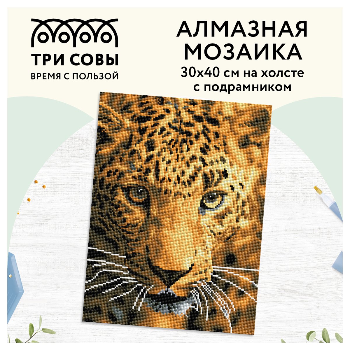 Алмазная мозаика ТРИ СОВЫ «Взгляд охотника», 30×40см, холст на деревянном подрамнике, картонная коробка с пластиковой ручкой