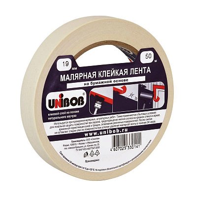 Клейкая лента малярная Unibob белая 19 мм х 50 м (бумажная, легкоудаляемая)