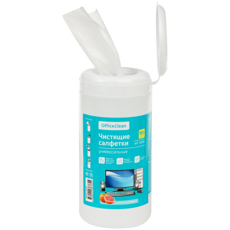 Салфетки чистящие влажные OfficeClean, универсальные, в тубе, с ароматом грейпфрута, 100шт. 