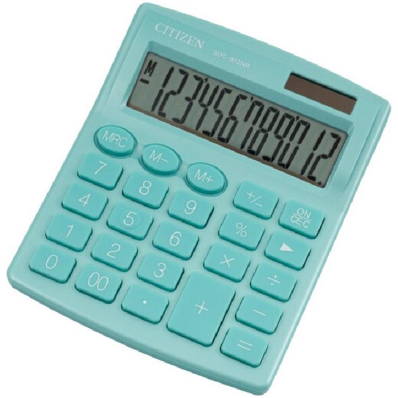 Калькулятор настольный CITIZEN SDC-812NRGNE, КОМПАКТНЫЙ (124×102 мм), 12 разрядов, двойное питание, БИРЮЗОВЫЙ