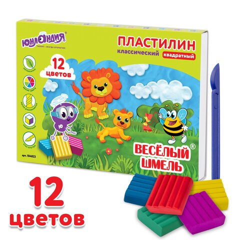 превью Пластилин классический ЮНЛАНДИЯ «ВЕСЁЛЫЙ ШМЕЛЬ», 12 цветов, 204 г, БЕЗ СТЕКА, КВАДРАТНЫЙ