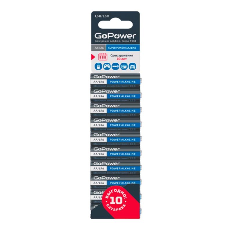 превью Батарейка GoPower LR6 AA 10шт/бл Alkaline 1.5V (10/60/360)