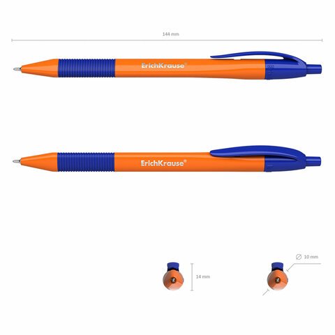 Ручка шариковая масляная автоматическая с грипом ERICH KRAUSE «U-209 Orange», СИНЯЯ, узел 1.0 мм, линия письма 0.3 мм