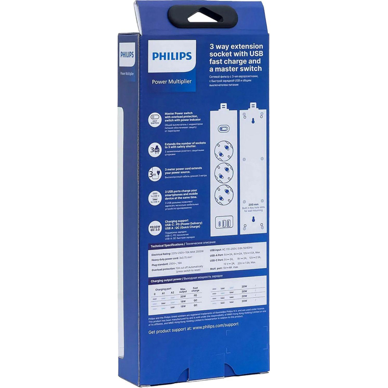 Сетевой фильтр Philips CHP8236WB/51 3р/3м с USB, 10А, белый