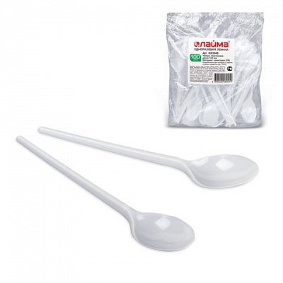 Одноразовые ложки чайные ЛАЙМА Бюджет, комплект 100 шт., пластиковые, 125 мм, белые