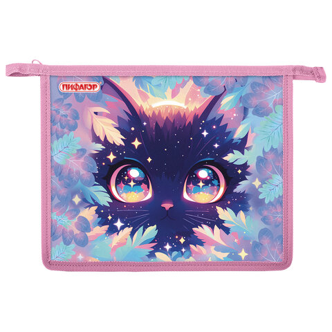 превью Папка для тетрадей ПИФАГОР А5, 1 отделение, пластик, на молнии, «Magic kitty»