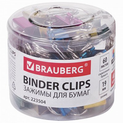 Зажимы для бумаг BRAUBERG, комплект 40 шт., 19 мм, на 60 л., цвет металлик, в пластиковом цилиндре