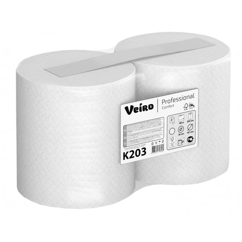 Полотенца бумажные рулонные VEIRO (Система A1, A2), комплект 6 шт., Comfort, 160 м, 2-слойные, белые, K203