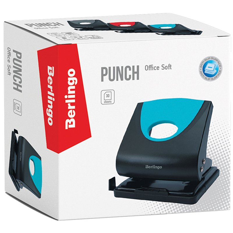 Дырокол Berlingo «Office Soft» 30л., пластиковый, синий, с линейкой
