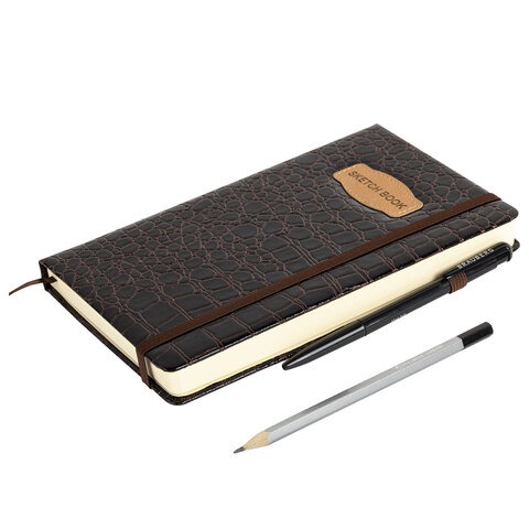 Скетчбук, слоновая кость 140 г/м2, 130×210 мм, 80 л., КОЖЗАМ, резинка, BRAUBERG ART CLASSIC, CROCO, коричневый