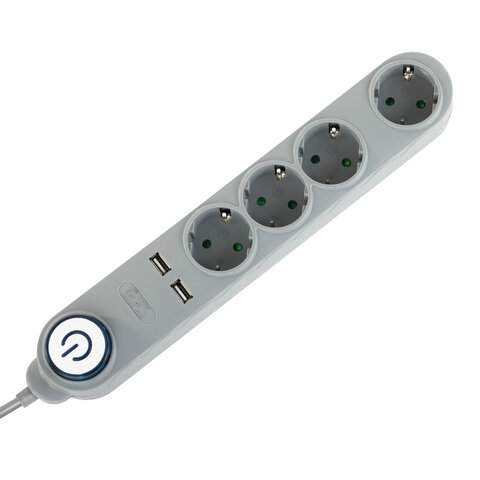 Сетевой фильтр SONNEN DX04, 4 розетки, 2 USB-порта, с заземлением, 10 А, 1.8 м, серый