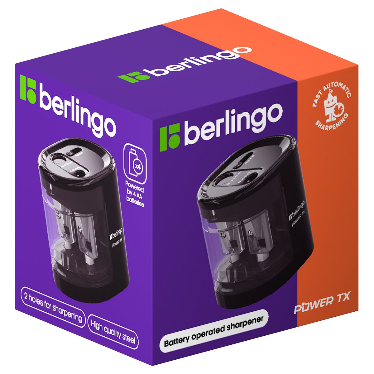 Точилка электрическая Berlingo «Power TX», черная, 2 отверстия, с контейнером, картон. уп. 