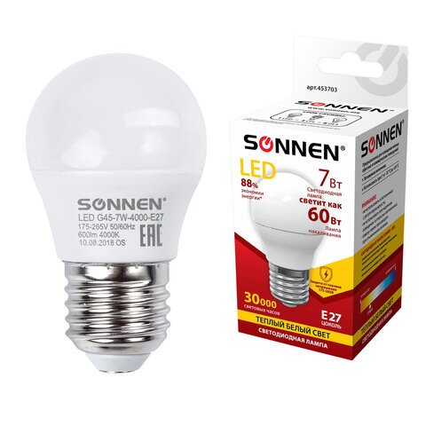 превью Лампа светодиодная SONNEN, 7 (60) Вт, цоколь E27, шар, теплый белый свет, LED G45-7W-2700-E27