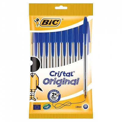 Ручки шариковые BIC «Cristal Original», НАБОР 10 шт., СИНИЕ, узел 1 мм, линия письма 0.32 мм, пакет