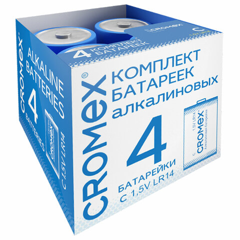 Батарейки алкалиновые КОМПЛЕКТ 4 шт., CROMEX Alkaline, C (LR14, 14А), короб