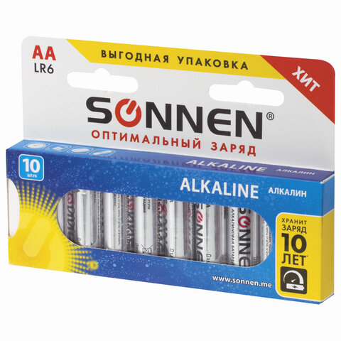 Батарейки SONNEN Alkaline, АА (LR06, 15А), алкалиновые, КОМПЛЕКТ 10 шт., в коробке