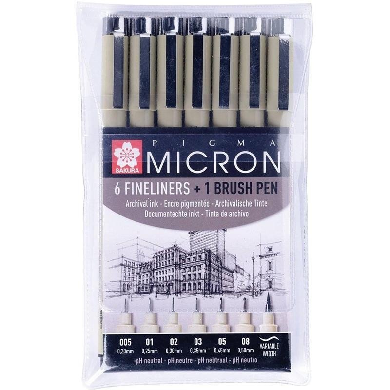 превью Набор капиллярных ручек Sakura «Pigma Micron» черные,7шт.,0.2/0.25/0.3/0.35/0.45/0.5/Brush, европодв. 