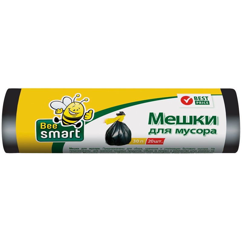 Мешки для мусора 30л BeeSmart ПНД, 47×57см, 5мкм, 20шт., черные, в ...