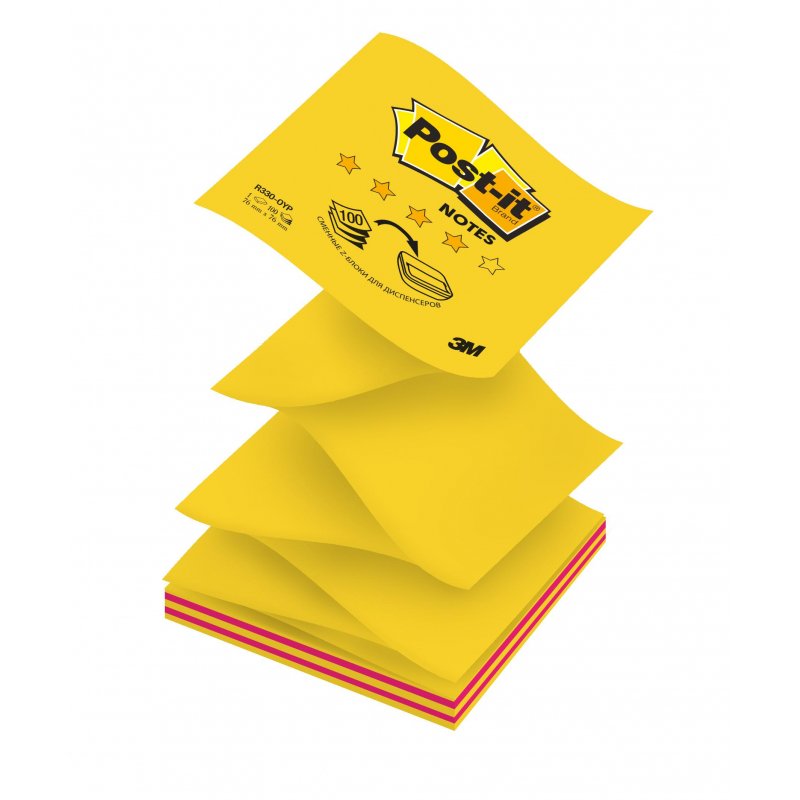 Стикеры Z-сложения Post-it 76×76 мм неоновые 2 цвета желтые/розовые для диспенсера (2 блока по 50 листов) 