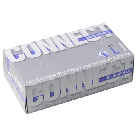 Перчатки смотровые нитриловые CONNECT, голубые, 50 пар (100 штук), размер L (большие)