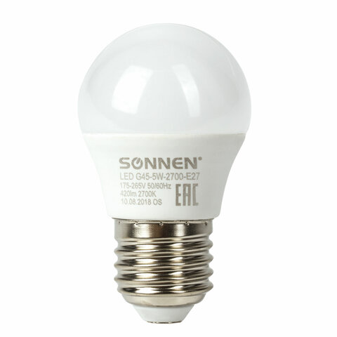Лампа светодиодная SONNEN, 5 (40) Вт, цоколь E27, шар, теплый белый свет, LED G45-5W-2700-E27
