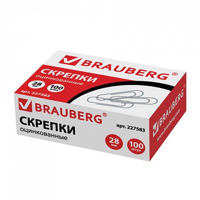 Скрепки BRAUBERG, 28 мм, оцинкованные, 100 шт., в картонной коробке